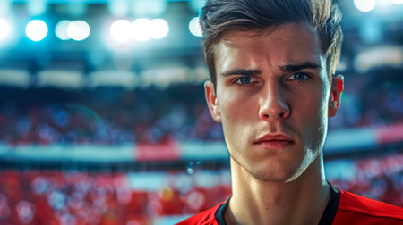 Serious soccer player standing in stadium before gameの素材