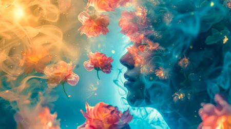 Woman inhaling floral smoke with flowers in hair and blue and orange smoke backgroundの素材