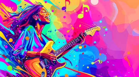 Young woman musician playing electric guitar with colorful abstract backgroundの素材