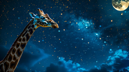 Majestic giraffe looking at the starry sky with moonの素材