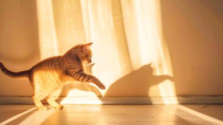 Playful ginger kitten interacting with its shadow in sunlit roomの素材