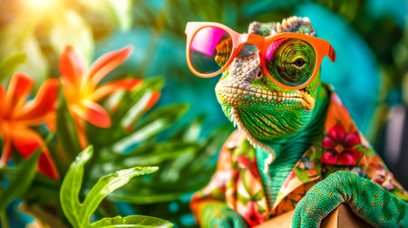 Stylish chameleon wearing sunglasses and hawaiian shirt enjoying summer vacationの素材