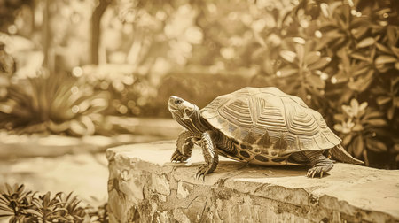 Turtle walking on a stone ledge in a lush gardenの素材