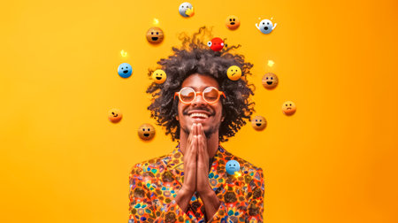 Young man praying for positive emotions surrounded by emojisの素材