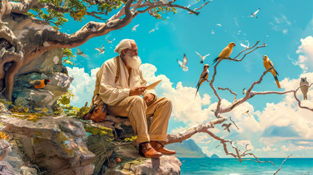 Old man reading a letter surrounded by exotic birds on a cliffの素材