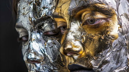Two models posing with metallic golden and silver makeupの素材