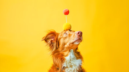 Brown and white dog balancing pom poms on head on yellow backgroundの素材