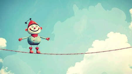 Smiling cartoon character balancing on tightrope in cloudy skyの素材