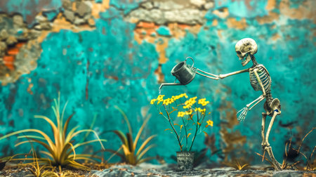 Skeleton carefully watering yellow flowers growing in potted plantの素材