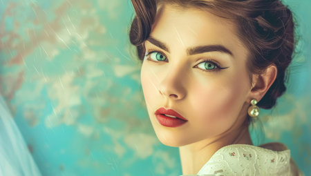 Beautiful woman with green eyes and red lips posingの素材