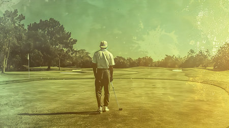 Golfer deciding his next shot on sunny golf courseの素材