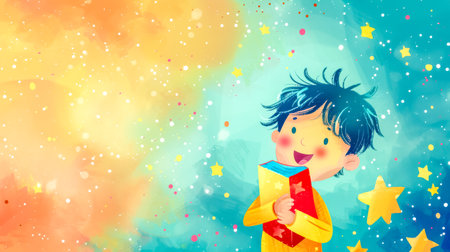 Smiling child hugging a book and looking at shining stars on a colorful backgroundの素材