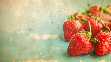 Freshly picked strawberries resting on a rustic blue surfaceの素材