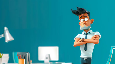 Sad office worker standing with crossed arms in his officeの素材