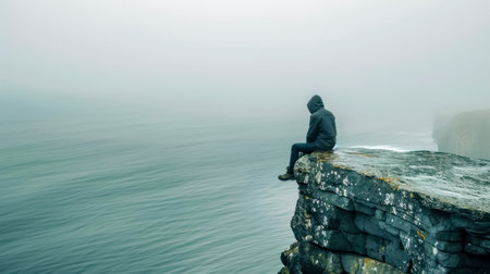 Lonely man contemplating the ocean sitting on a cliff on a foggy dayの素材
