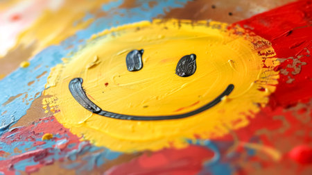 Yellow smiley face painted on canvas spreading happinessの素材