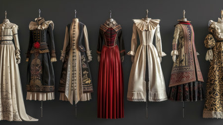 Collection of elegant medieval dresses displaying historical fashionの素材