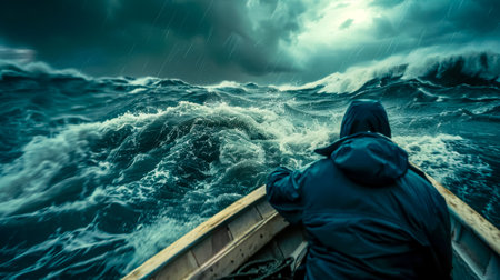Fisherman facing huge waves during storm in the oceanの素材