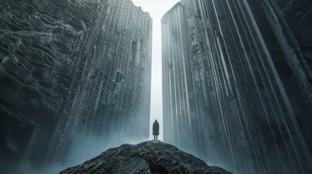 Lonely man standing between giant walls in a fantasy worldの素材