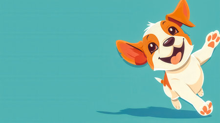 Playful puppy running and waving paw on turquoise backgroundの素材