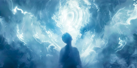 Scientist observing mysterious energy vortex in the skyの素材