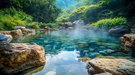Tranquil natural hot spring surrounded by lush greeneryの素材