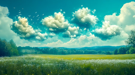 Flock of birds flying over beautiful green meadow on sunny dayの素材