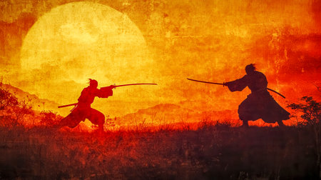 Two samurai warriors fighting at sunset with katanasの素材