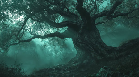 Sunlight piercing fog around gnarled old tree in forestの素材