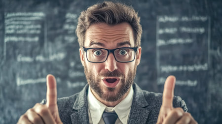 Excited businessman making thumbs up gesture and looking amazed by the results on chalkboard backgroundの素材