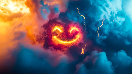 Optimism concept with happy face in dramatic sky with lightningの素材