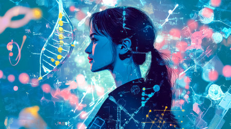 Woman scientist profile with dna strand and scientific graphicsの素材