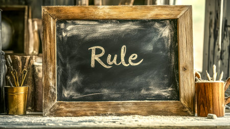 Rule written on dusty chalkboard in rustic workshopの素材