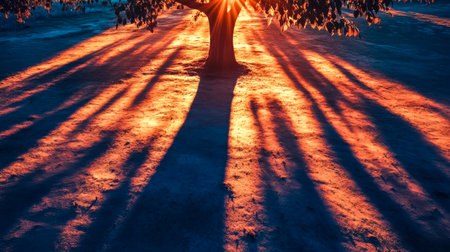 Sun shining through tree casting long shadows at sunsetの素材