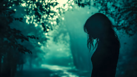Young woman feeling sad walking in dark forestの素材