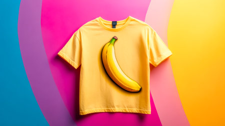 Yellow t shirt with banana print on colorful backgroundの素材