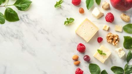 Cheeseboard ingredients lying on marble table background with copy spaceの素材