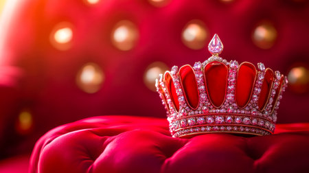 Jeweled crown resting on red velvet cushionの素材