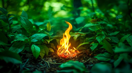 Small fire burning on the forest floor surrounded by green plantsの素材