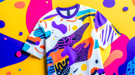 White t shirt with abstract colorful design over colorful backgroundの素材