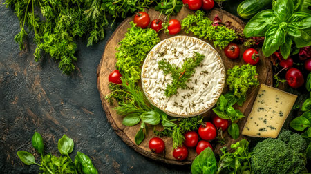 Round cheese wheel surrounded by fresh herbs and vegetables on rustic woodの素材