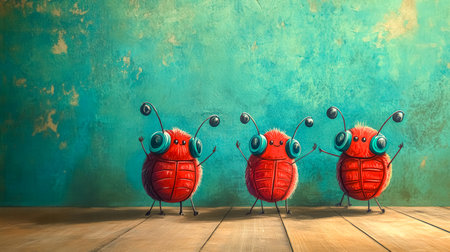 Four funny red bugs dancing and listening to music on headphonesの素材