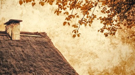 Thatched roof and chimney on old paper texture backgroundの素材
