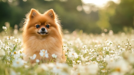Pomeranian dog sitting in field of white flowersの素材