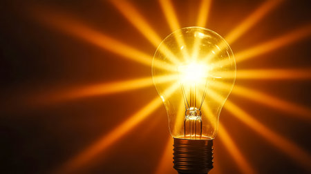 Light bulb shining with bright orange light beamsの素材