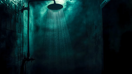 Shower head spraying water in a dark and foggy roomの素材