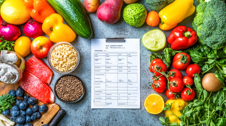 Planning balanced diet clipboard surrounded by healthy foodの素材