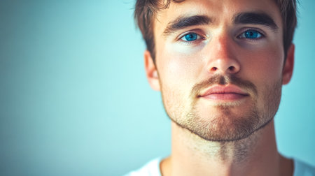 Handsome young man with blue eyes and brown hair posing on blue backgroundの素材