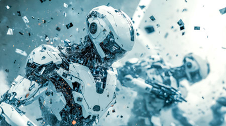 Futuristic robots soldiers marching to warの素材