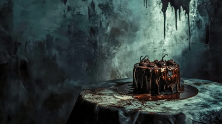 Scary halloween chocolate cake dripping with icing on moody backgroundの素材